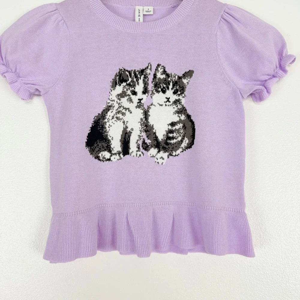 Janie and Jack Kitten‎ Peplum Sweater Top Girls Size 6 Purple Puff Sleeve Ruffle